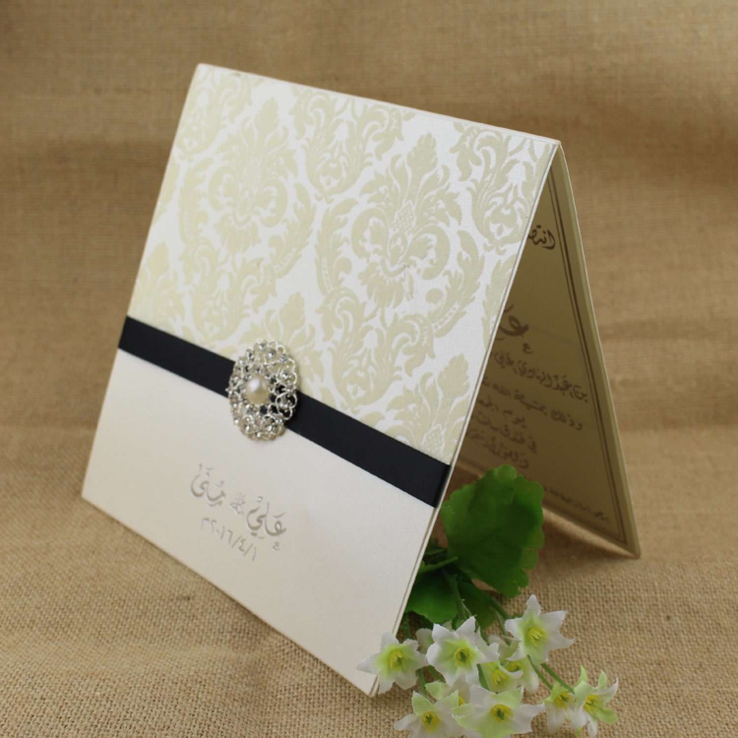 Flocked Invitation with Buckle Decoration Square Foiling Card Customized 