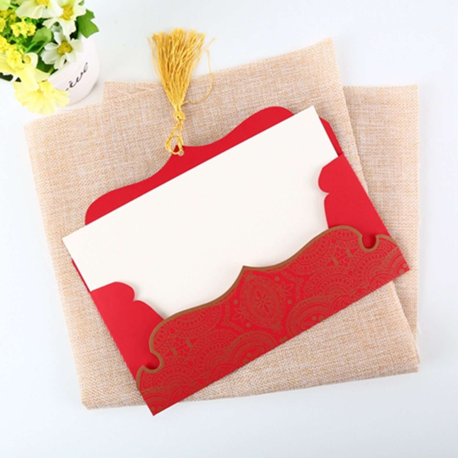 Red Wedding Invitation Card with Tassel Foil Printing Customized