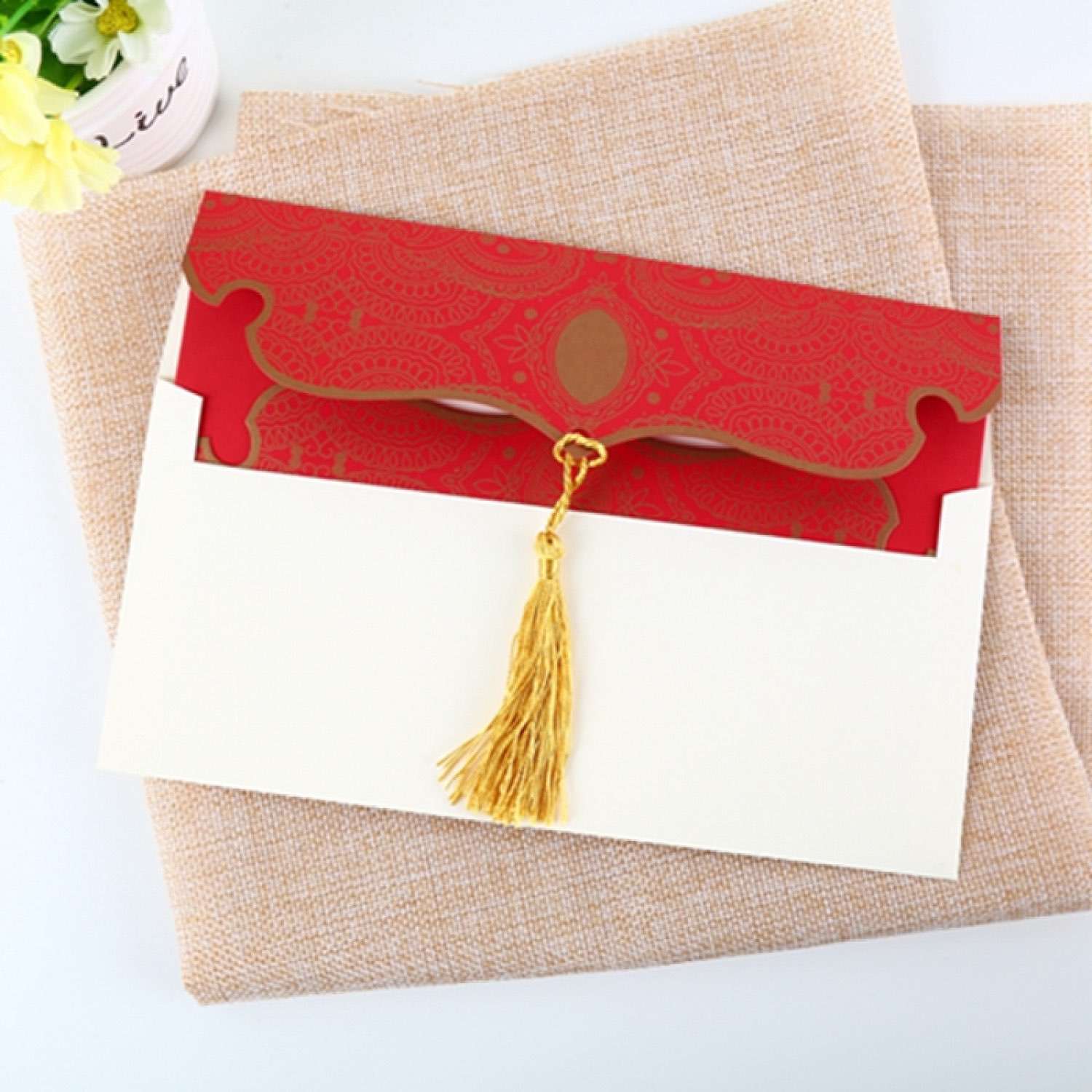 Red Wedding Invitation Card with Tassel Foil Printing Customized