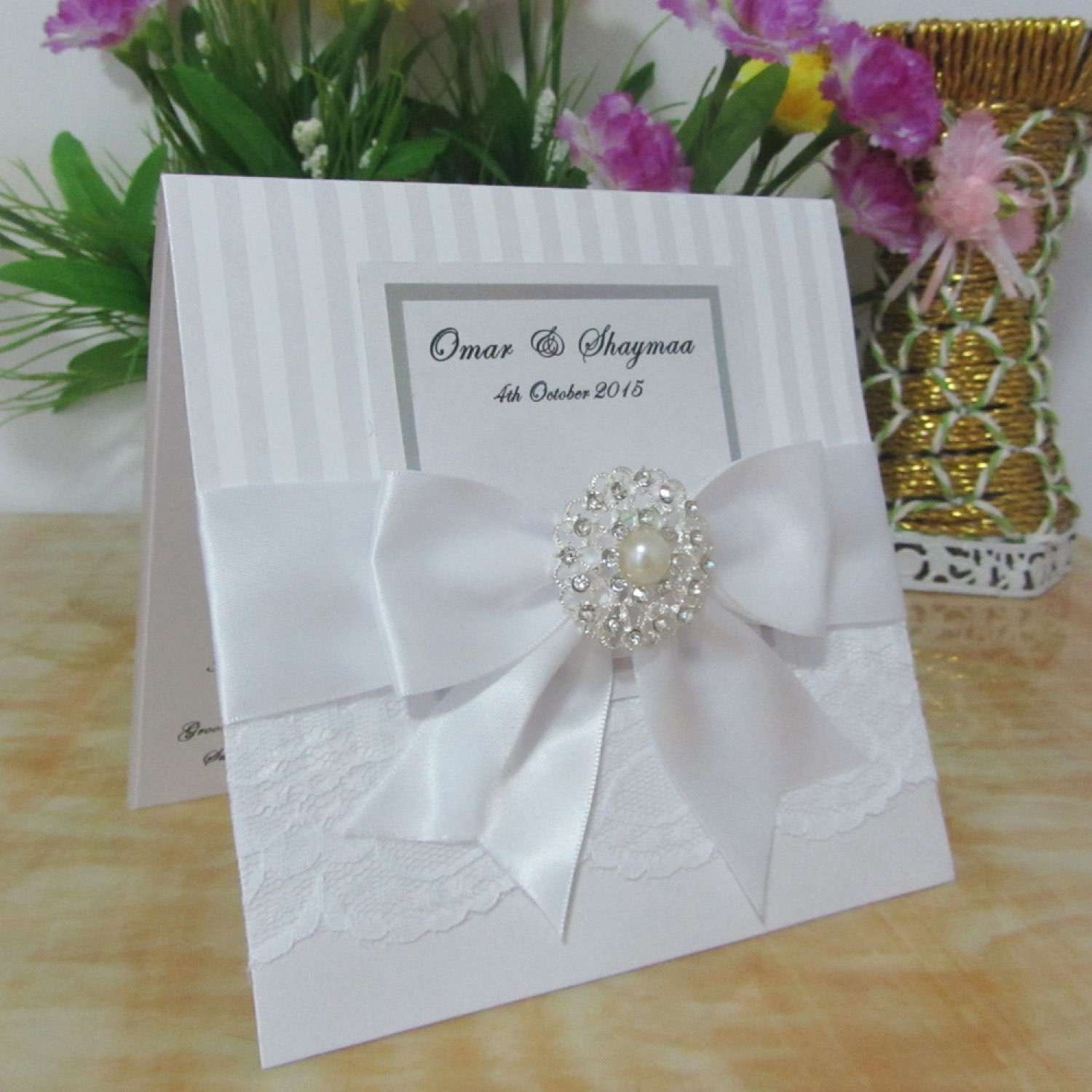 Lace Invitation Card with Ribbon Bow Wedding Invitation Made in China