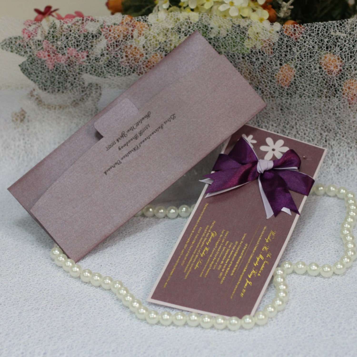 Rectangle Invitation Card with Envelope Greeting Card with Ribbon Bow Foil Printing Customized 