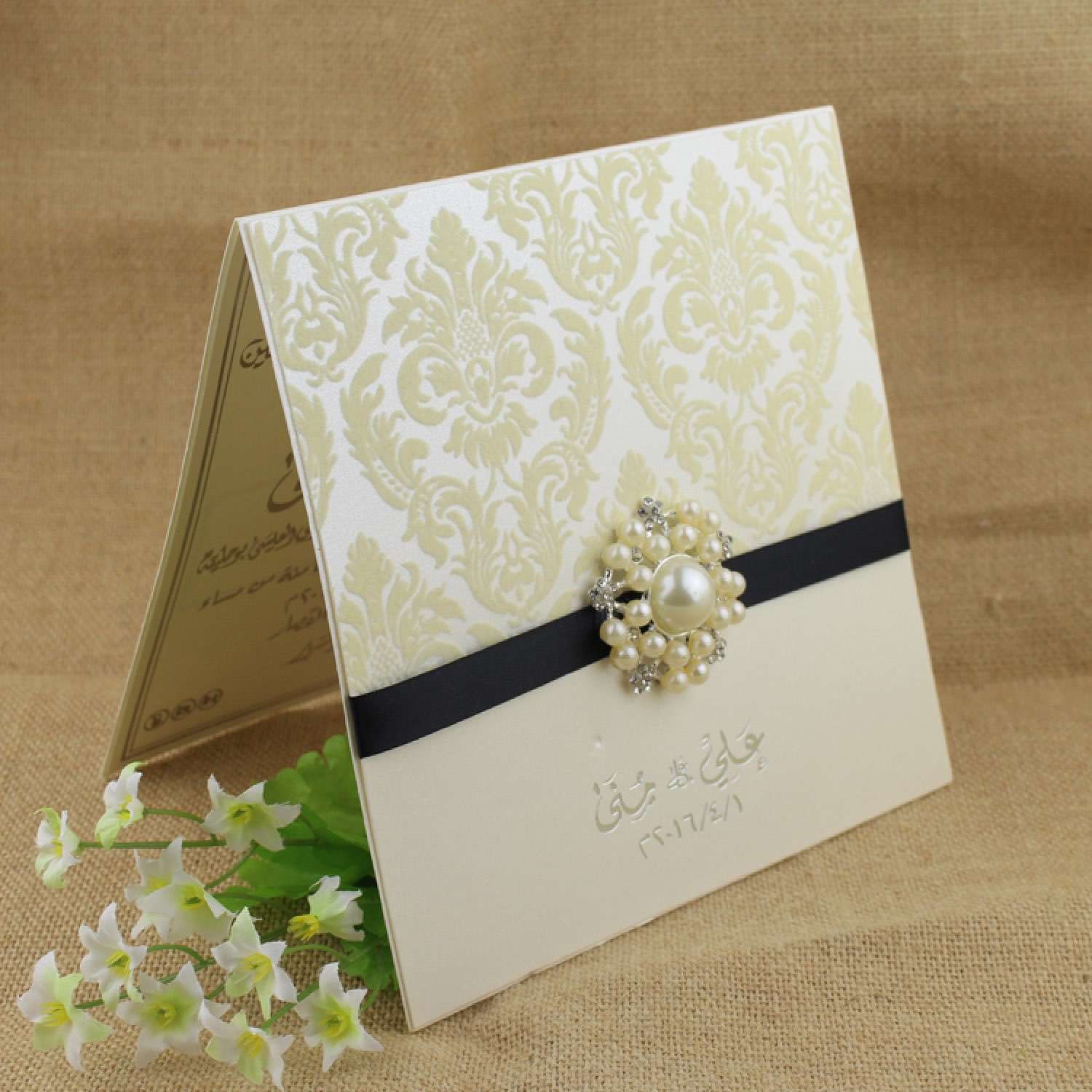 Flocked Invitation with Buckle Decoration Square Foiling Card Customized 