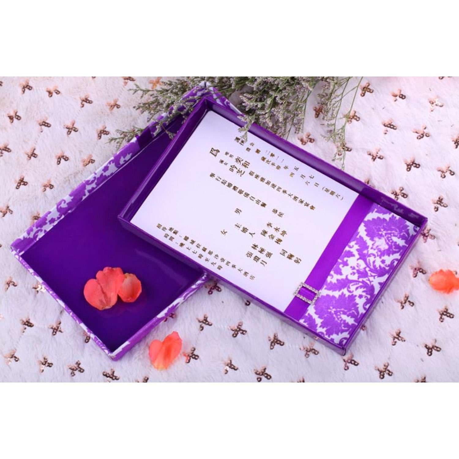 Purple Flocking Invitation Card with Box Wedding Invitation Card Customized 