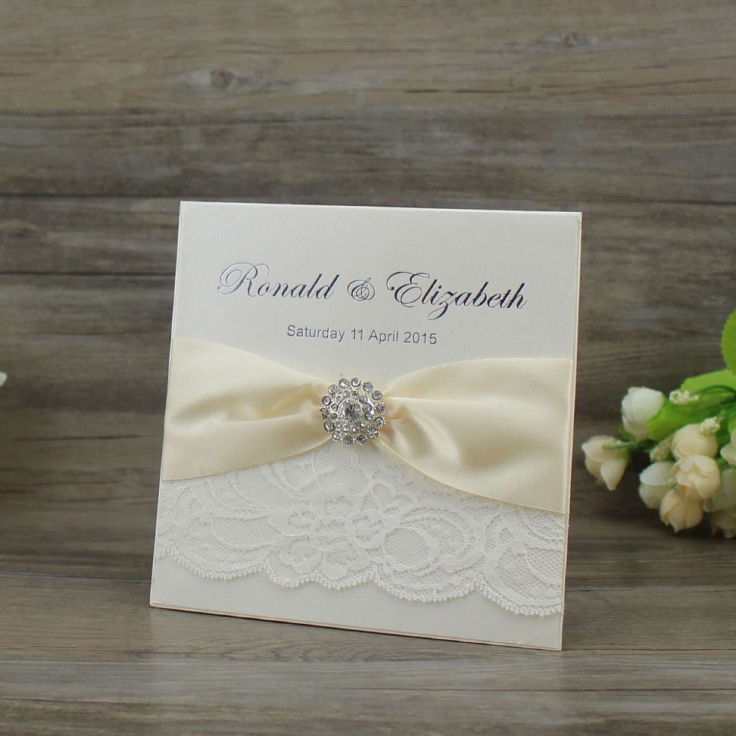 Ivory Invitation Card Half Fold Lace Invitation Foil Printing 