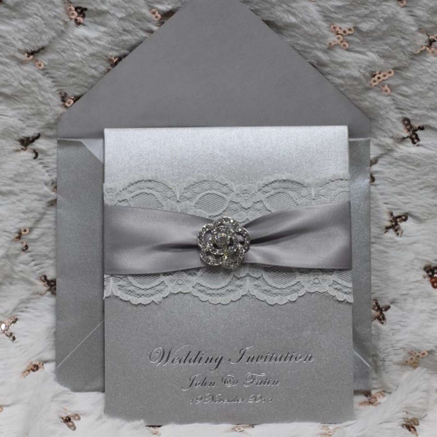 Silver Lace Greeting Card with Envelope Wedding Invitation Card Personalized Custom 