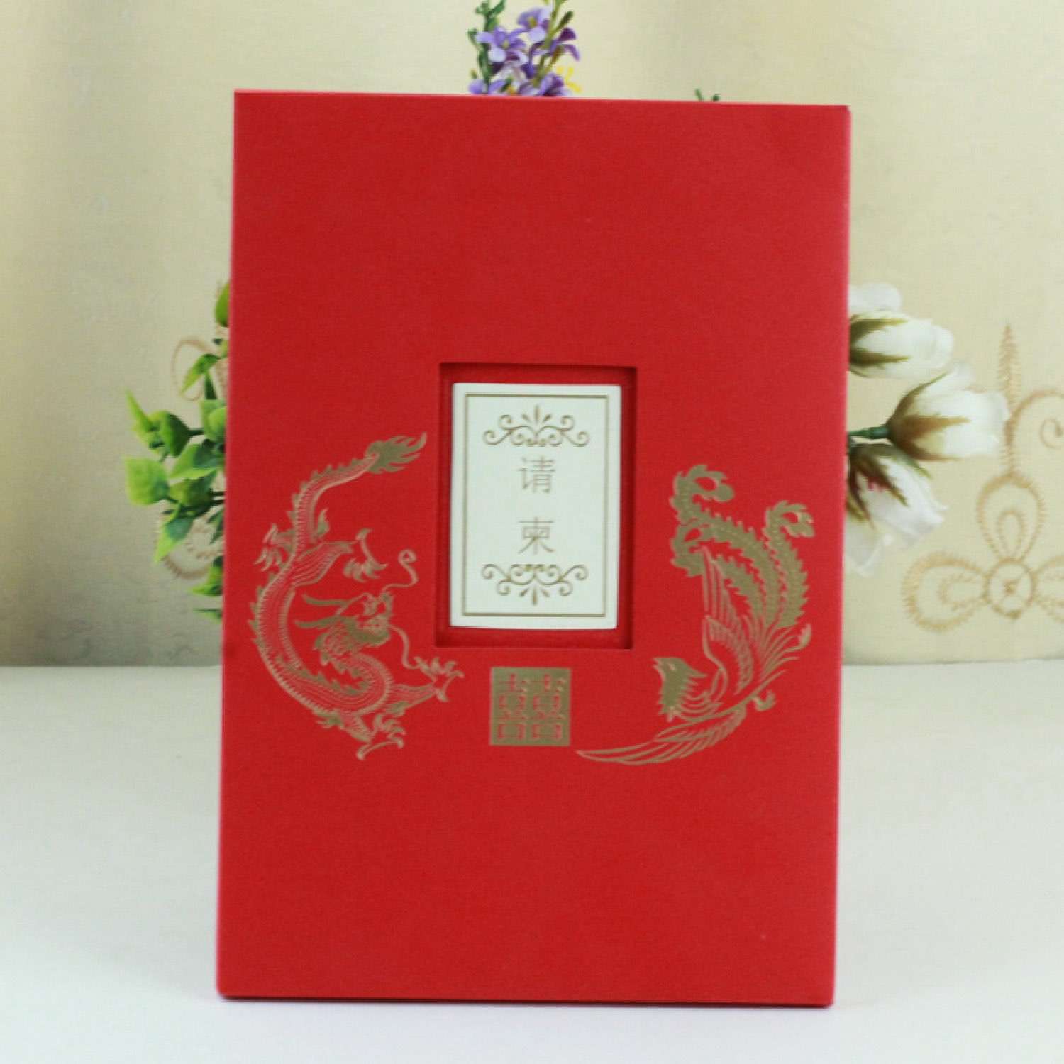Red Wedding Invitation with Paper Pocket Chinese Style Wedding Supplies 