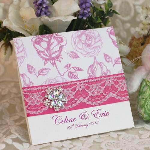 Pink Rose Wedding Invitation Card Lace Card Romantic Invitation Customized