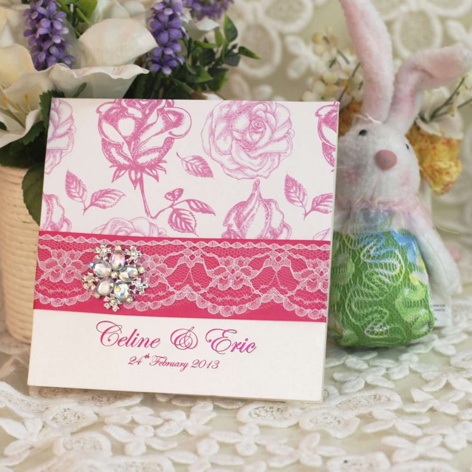Pink Rose Wedding Invitation Card Lace Card Romantic Invitation Customized