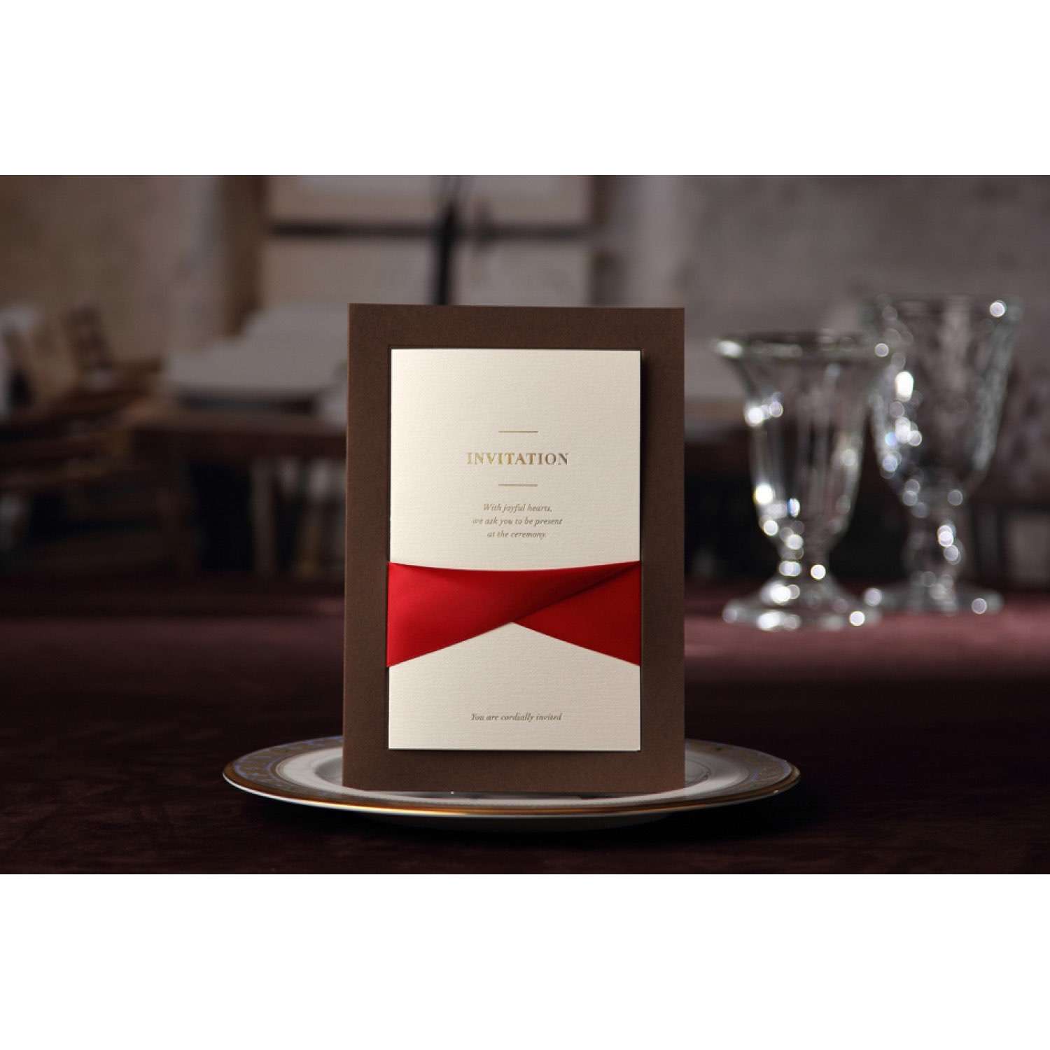 Half Fold Wedding Invitation with Ribbon Decoration Foil Printing Customized