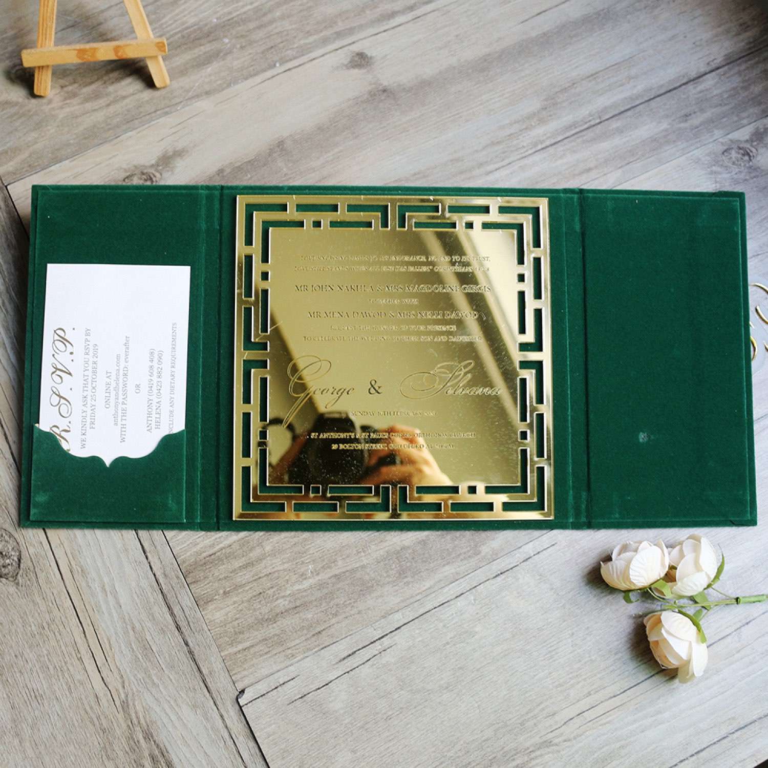 Golden Mirror Acrylic Invitation Card With Green Velvet Personalized Custom