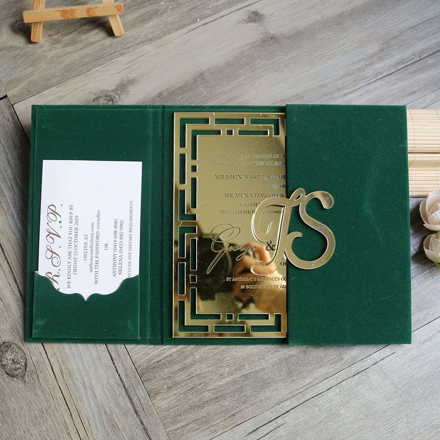 Golden Mirror Acrylic Invitation Card With Green Velvet Personalized Custom