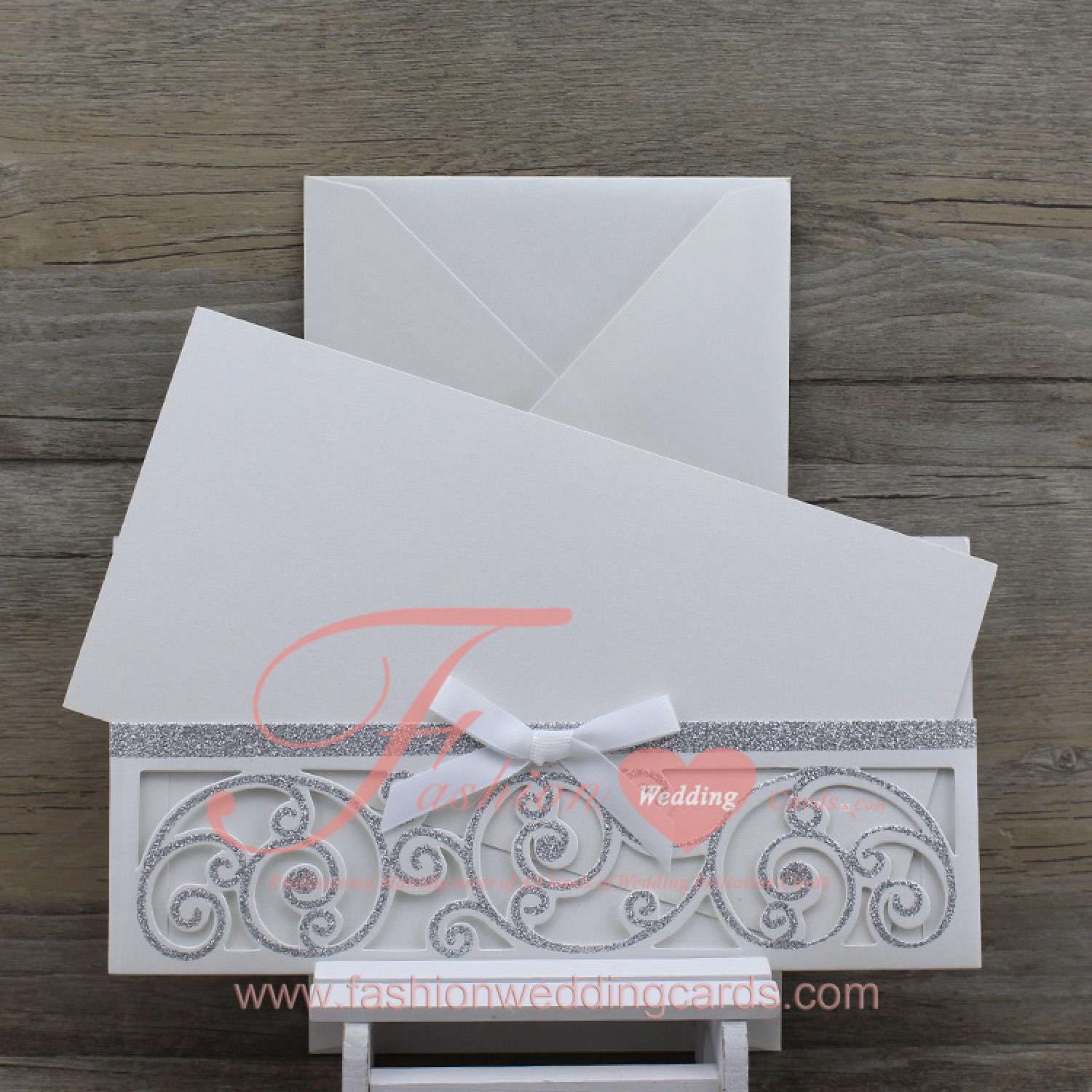 Pocket Style Lazer Cut Silver Wedding Invitations