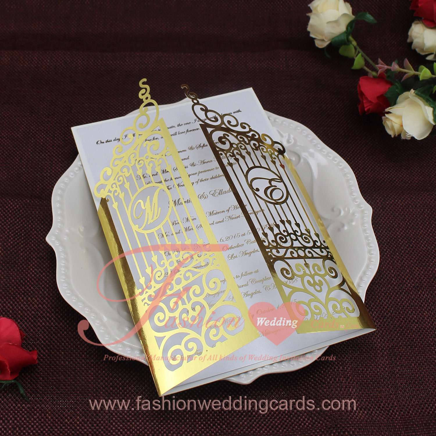 Luxury Metallic Gold Gate Laser Cut Wedding Invitations
